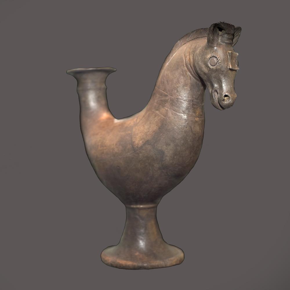 This clay rhyton hypalectryon is truly one of a kind. It is a ceramic vessel with horse head of and rooster torso - a fantastic creature known in ancient Greek folklore as the hypalectryon. A labris is depicted on the horse's forehead – a double axe symbolising royal power. This proves that the rhyton belonged to a noble Thracian, probably an Odrysian ruler.