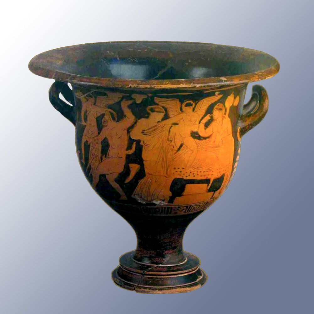 The red-figure ‘bell-shaped’ krater dates from the 4th century BC and was discovered in 1958. It was used to mix wine and water. It depicts a Dionysian scene – the god Dionysus, Eros, a maenad, and a dancing satyr.