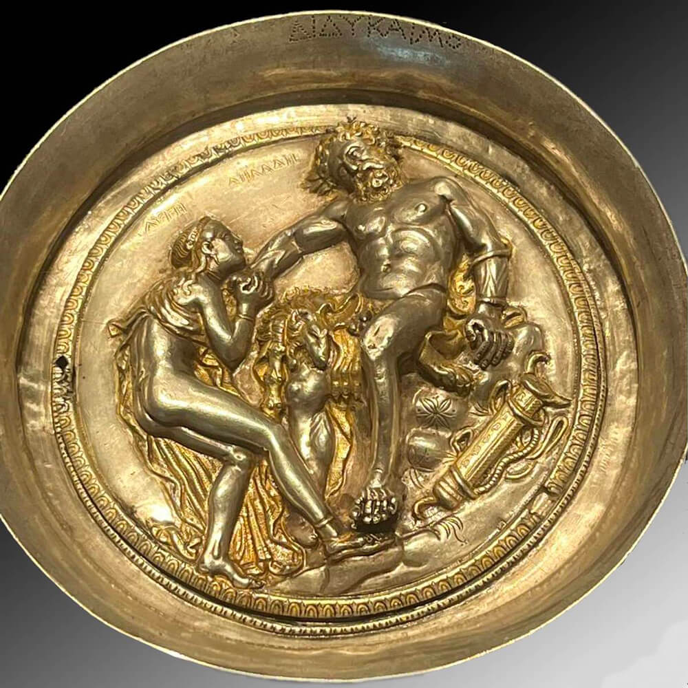 This phial depicts the figures of Heracles and Auge, a princess from the Kingdom of Tegea, who was also a priestess of Athena. The scene is from the ancient Greek mythology - the hero seduces the priestess and thus fulfils the prophecy of the Delphian oracle. The vessel is a masterpiece of the ancient toreutics. It was given to the local Thracian rulers as a gift or as war spoils.